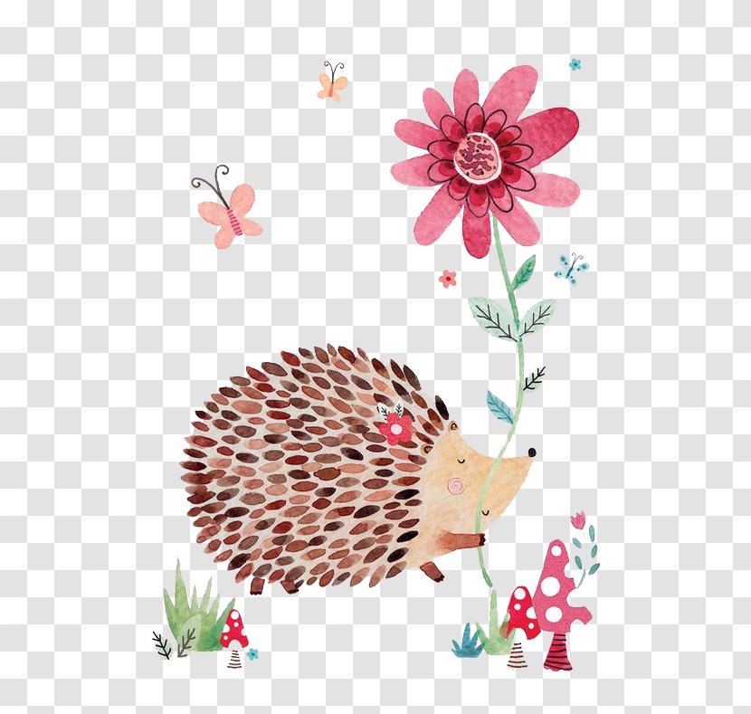 Greeting Card Drawing Idea Illustration - Pink - Hedgehog With Flowers Transparent PNG