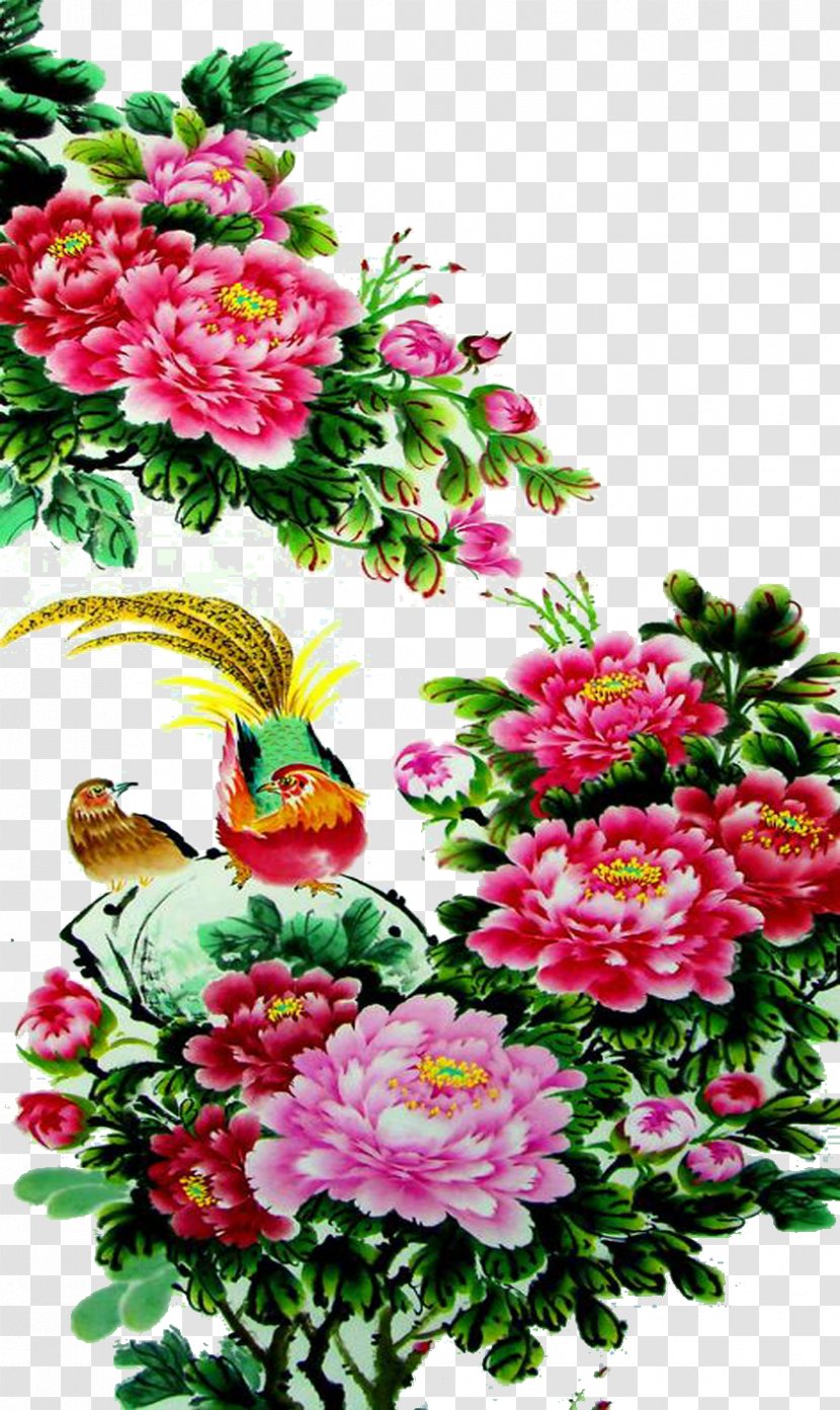 Golden Pheasant Floral Design Bird-and-flower Painting Chinese - Peony - Birds And Flowers Transparent PNG