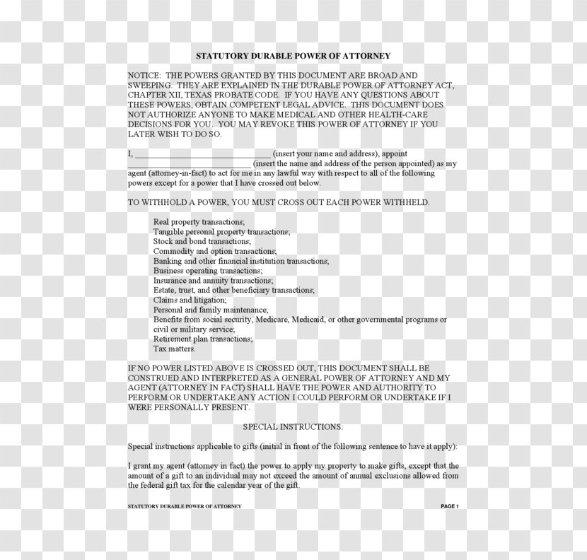 Power Of Attorney Texas Document Form Healthcare Proxy - Paper Transparent PNG