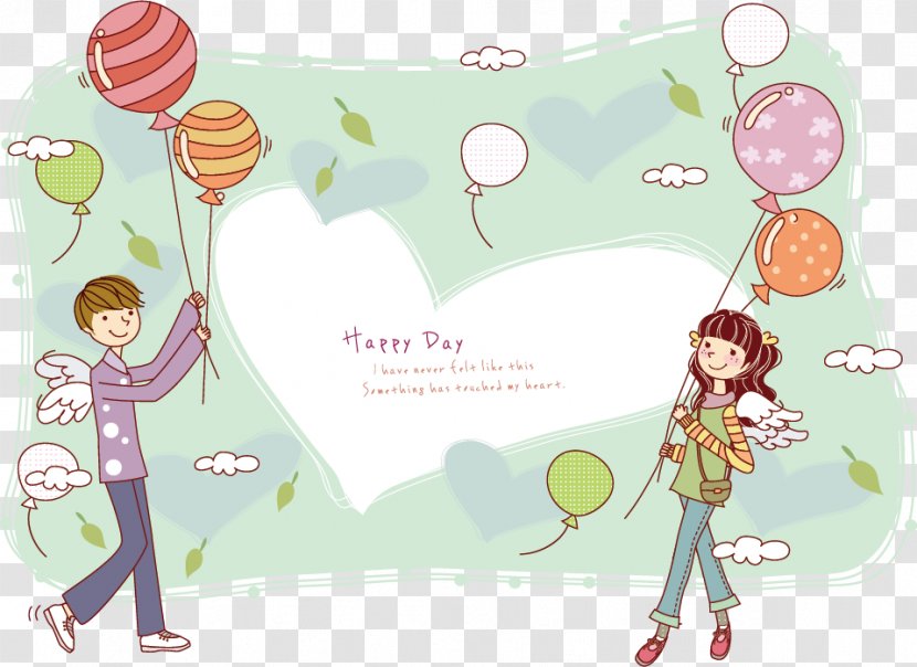 Cartoon Falling In Love Couple Illustration - Holding Balloons Transparent PNG