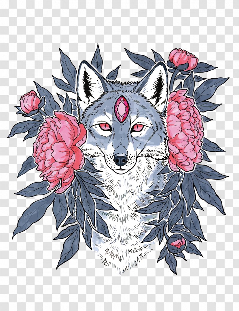 Wolf And Flower Vector - Illustration - Carnivoran Transparent PNG