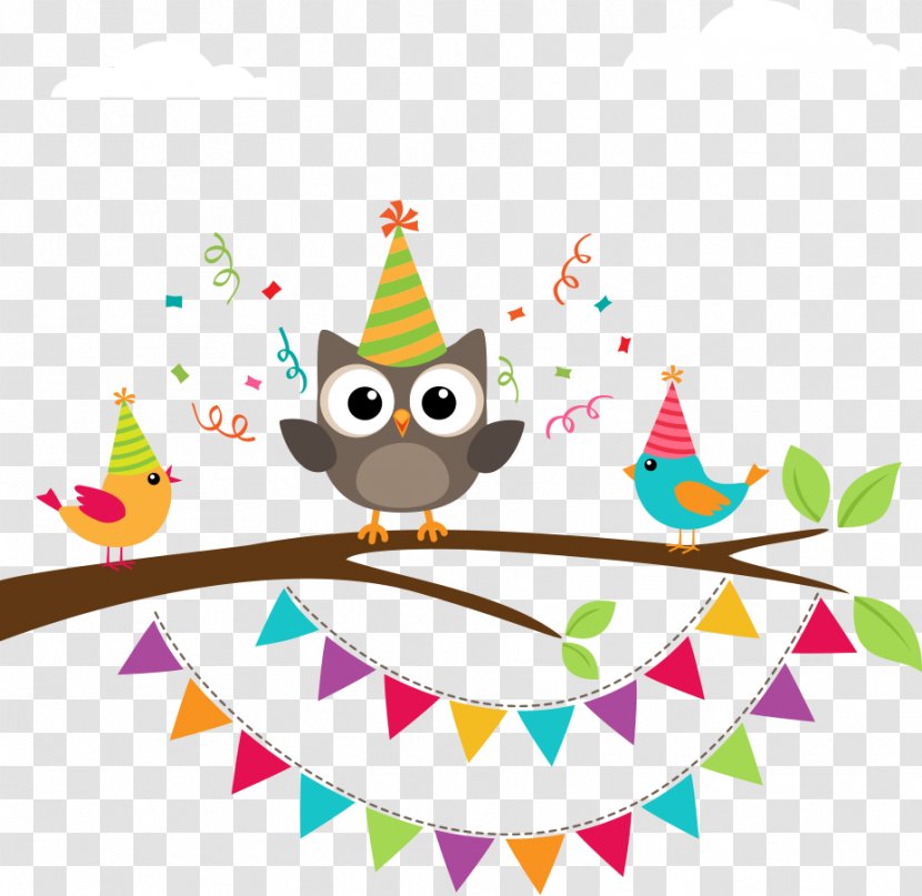 Owl Birthday Greeting Card Clip Art - Beak - Hand-painted Cartoon Colored Bird On Branch Transparent PNG