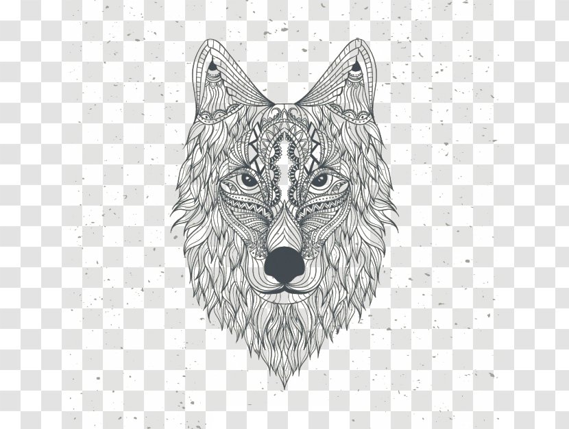 Gray Wolf Coloring Book Drawing Mandala Euclidean Vector - Cat Like Mammal - Superposition Of Transparent PNG