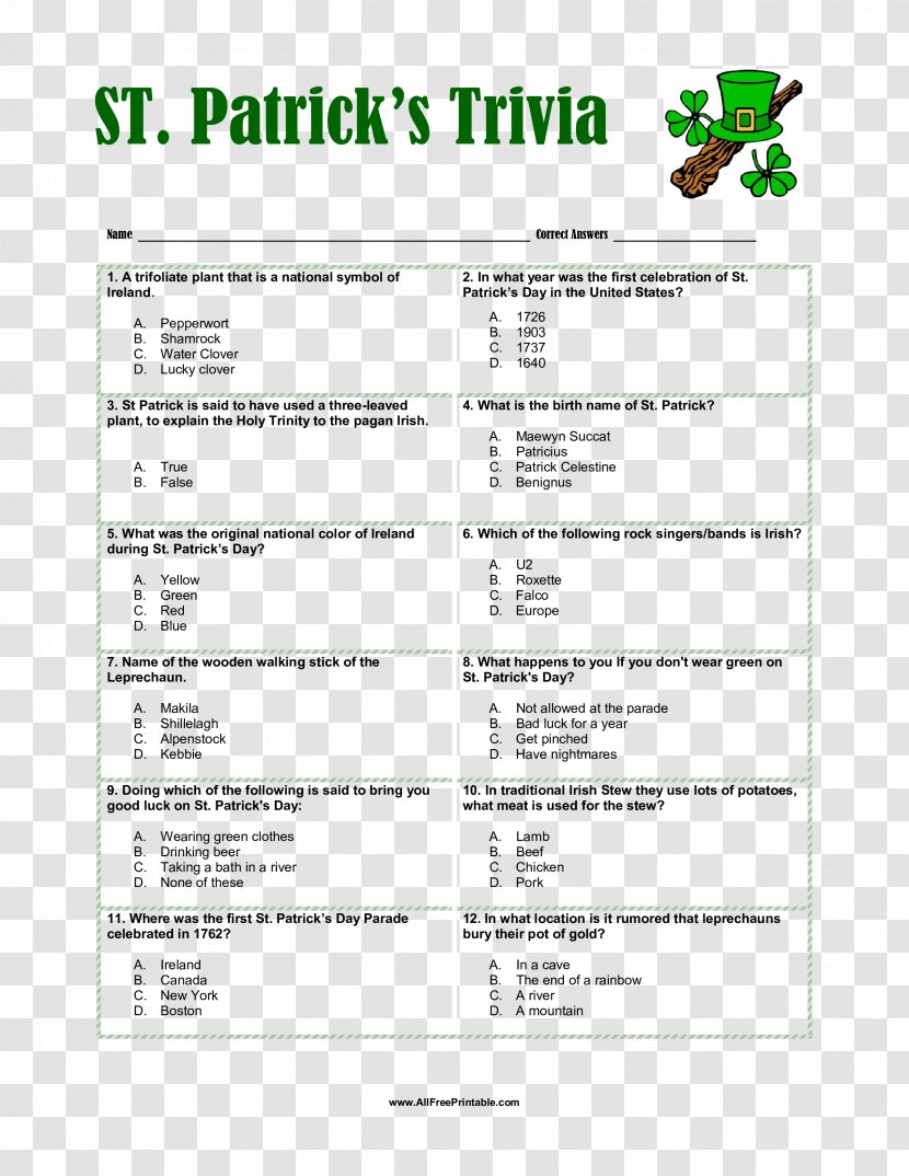 Saint Patrick's Day Trivia For Seniors Quiz Game - Silhouette Transparent PNG