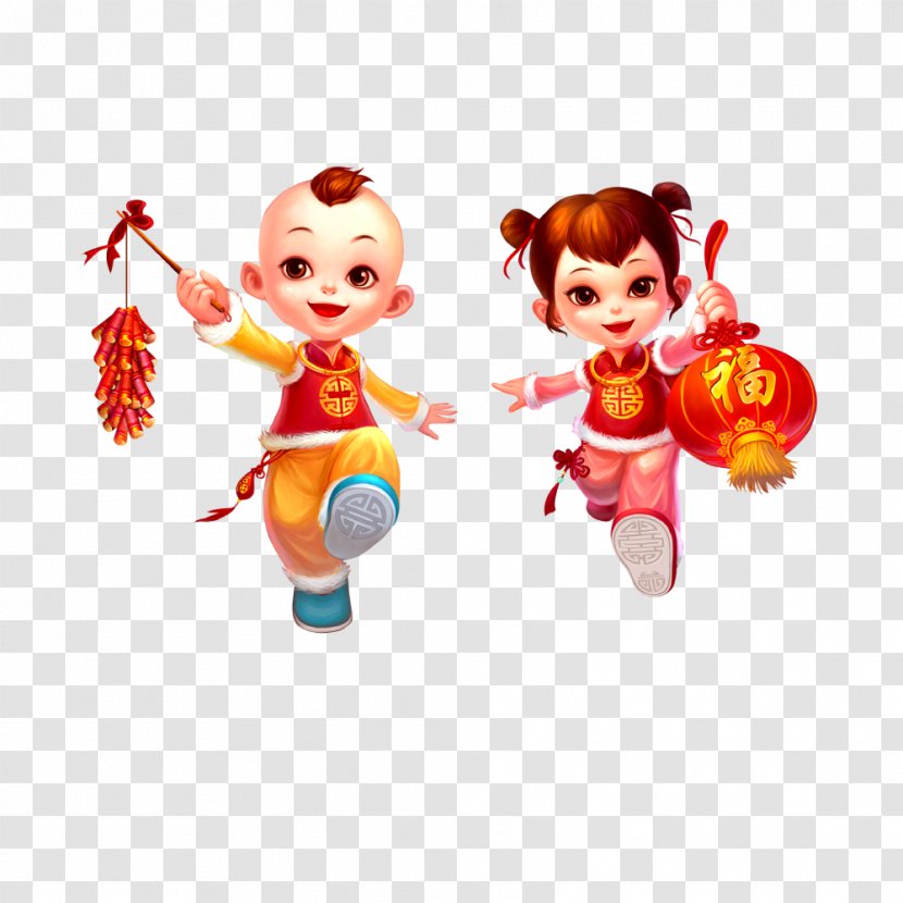 Chinese New Year Firecracker Lunar - Clip Art - Fireworks Lantern Men And Women Young Children Transparent PNG