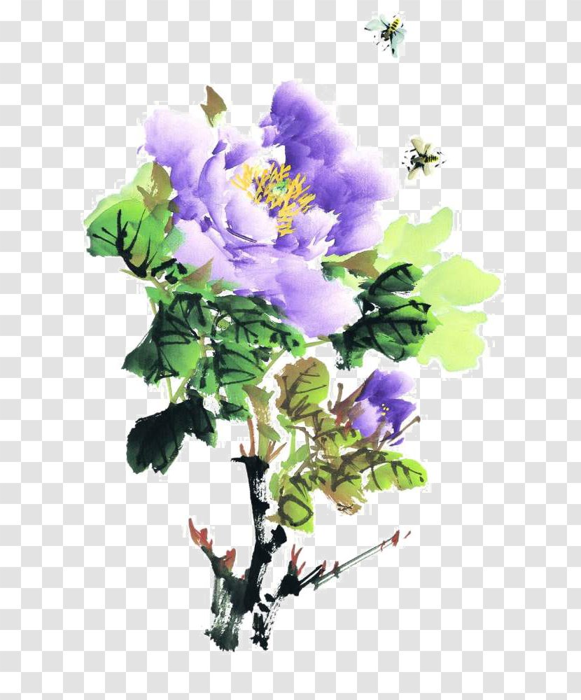 U5de5u7b46u7261u4e39 Ink Wash Painting Gongbi Moutan Peony Bird-and-flower - Lilac - Hand Painted Decoration Transparent PNG