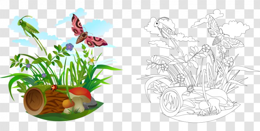 Ant Royalty-free Illustration - Flower - Cartoon Grasshopper Flowers And Butterflies Mushroom Wood Transparent PNG