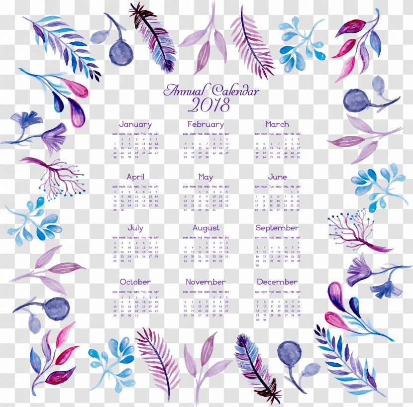 Graphic Design Feather Purple Pattern - Watercolor Hand Painted Flower Calendar Transparent PNG
