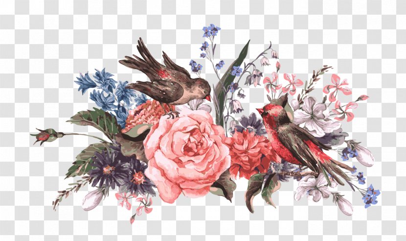 Bird Flower Stock Illustration - Bouquet - Continental Retro Flowers And Birds Transparent PNG