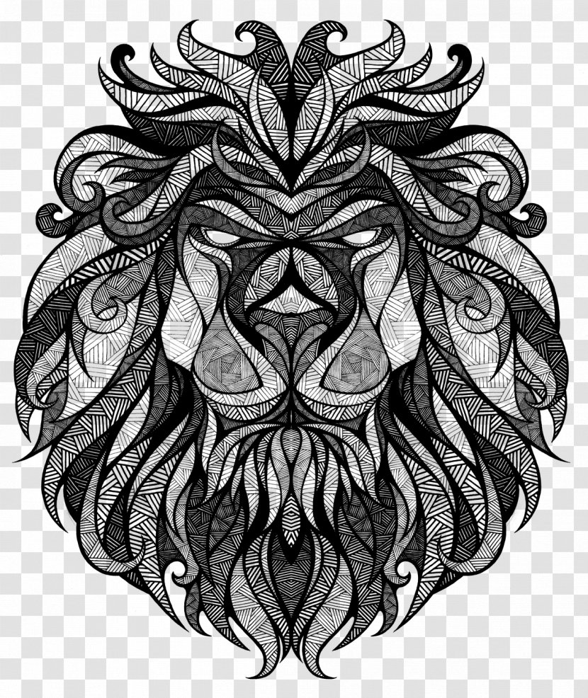 Longboard Lion T-shirt Drawing - Black And White - Abstract Lionhead Transparent PNG