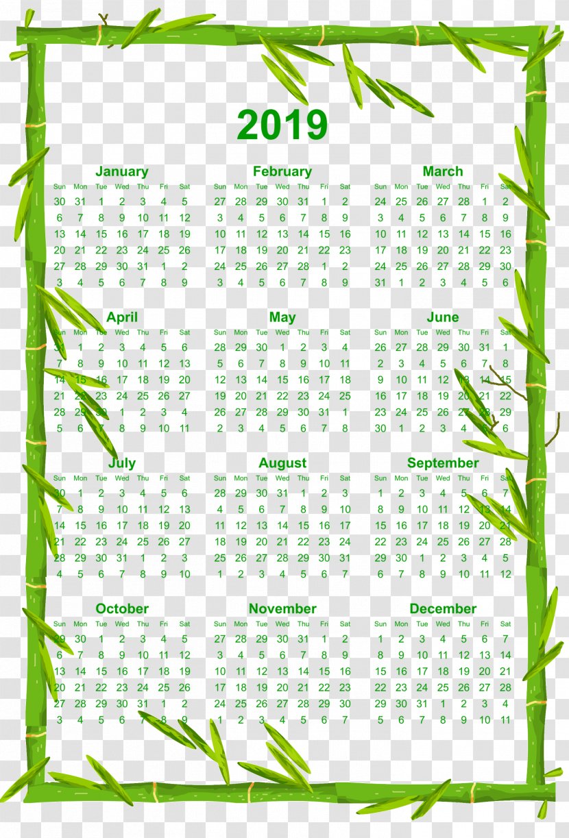Printable 12 Month 2019 Calendar With Bamboo Borde - Grasses - Picture Frames Transparent PNG