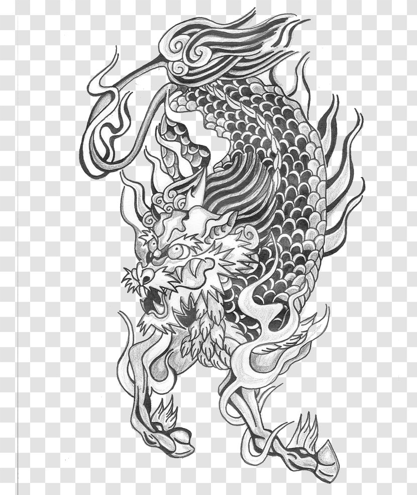 Tattoo Qilin Chinese Dragon Unicorn Pixiu - Frame - Hand-painted Black And White Pattern Transparent PNG