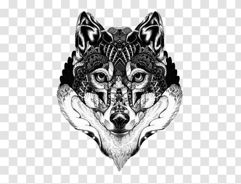 Gray Wolf Art Drawing Illustration - Black And White - Langtou Tattoo Transparent PNG