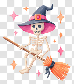 Skeleton Sitting On Broomstick - Skeleton On Broom With Witch Hat And Stars Transparent PNG