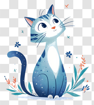 Watercolor Cat - Cartoon Cat With Flowers Transparent PNG