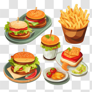 Hamburger - Fast Food Burgers And Fries Collection In Illustration Transparent PNG