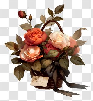 Rose Basket - Colorful Roses In Basket With Leaves Transparent PNG