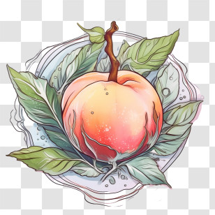 Peach - Artistic Illustration Of A Ripe Peach With Leaves Transparent PNG