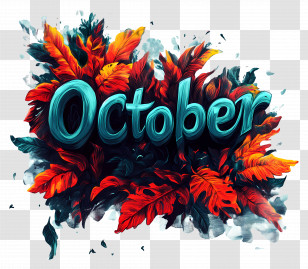 October - October Typography With Autumn Leaves Transparent PNG