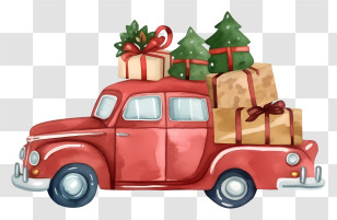Red Vintage Car - Red Vintage Car Carrying Gifts And Christmas Trees Transparent PNG