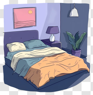 Bed Room Cartoon - Cozy Bedroom Interior With Bed And Plant Transparent PNG