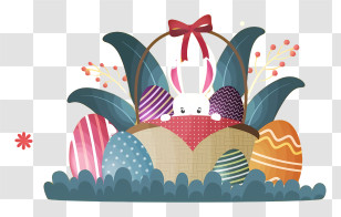 Easter Basket - Easter Bunny In Basket With Colorful Eggs Transparent PNG