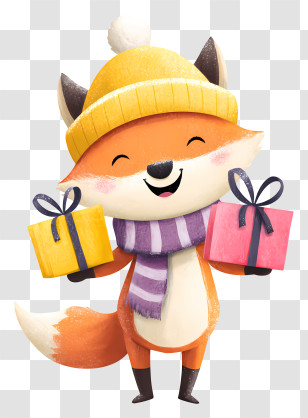 Cartoon Fox Holding Christmas Gifts - Happy Fox Holding Gifts Transparent PNG