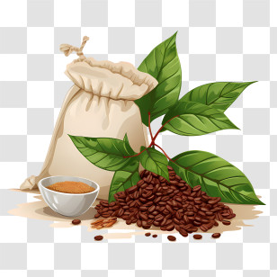 Coffee Beans Bag - Coffee Beans With Sack And Leaves Illustration Transparent PNG