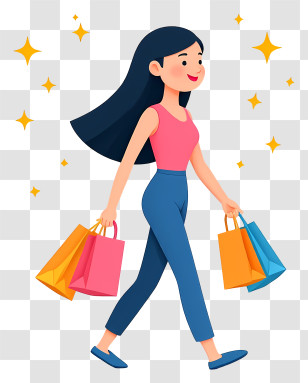Cartoon Woman Holding Shopping Bags - Happy Shopper Walking Transparent PNG