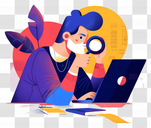 Man Holding Magnifying Glass - Focused Person With Laptop Transparent PNG