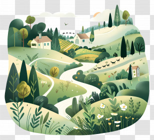Countryside Landscape - Scenic Countryside Landscape With Houses And Trees Transparent PNG