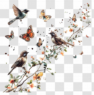 Music - Birds And Butterflies On A Flowering Branch Transparent PNG