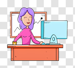 Cartoon Image - Woman Working At Desk With Computer Transparent PNG
