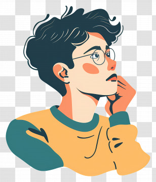 Thinking Man - Stylized Male Cartoon Character With Glasses Transparent PNG