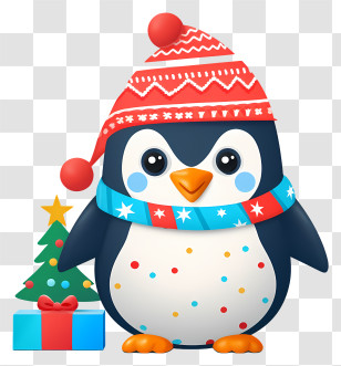 Penguin - Festive Christmas Penguin With Gift And Tree Transparent PNG