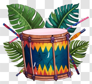 Drum - Vibrant Drum With Tropical Leaves Transparent PNG