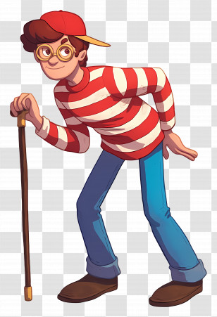 Waldo - Cartoon Character In Striped Shirt With Glasses And Walking Stick Transparent PNG