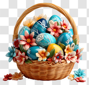 Easter Egg - Festive Basket Filled With Painted Easter Eggs And Flowers Transparent PNG