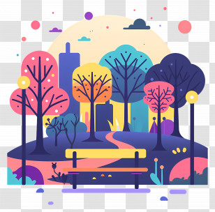 Park - Colorful Park With Bench And Trees Transparent PNG
