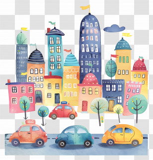 Cars In City - Colorful Urban Cityscape With Cars And Buildings Transparent PNG