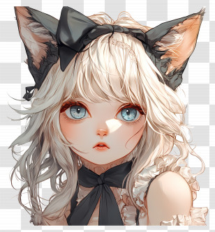 Cat Girl - Anime Style Catgirl With Black Bow Transparent PNG