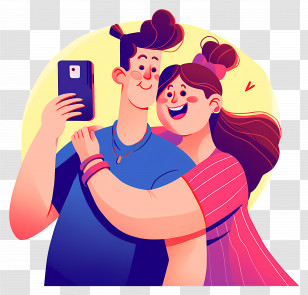 Couple Taking Selfie - Happy Cartoon Couple Taking A Selfie Transparent PNG