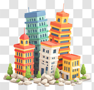 Earthquake In City - Colorful Cartoon City Buildings Transparent PNG