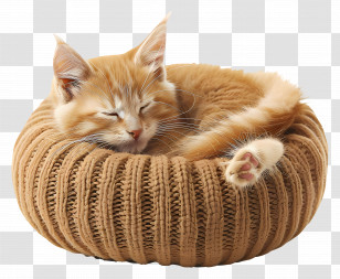 Cat Bed - Cozy Orange Kitten Sleeping In A Knit Basket Transparent PNG