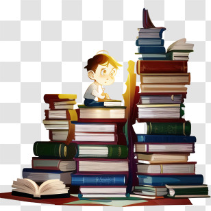 Reading Book - Boy Reading On Piles Of Books Transparent PNG