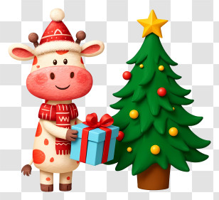 Giraffe Holding Christmas Gift Box - Festive Cow With Christmas Tree Transparent PNG