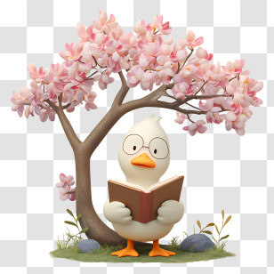 Kawaii Goose Reading Under Tree - Duck Reading Under A Blossom Tree Transparent PNG