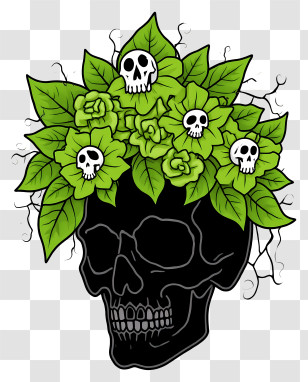 Halloween Skull Flowers - Skull With Green Leaves And Flowers Transparent PNG