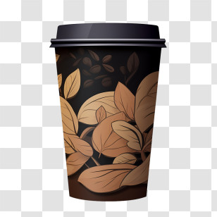 Paper Coffee Cup - Black Coffee Cup With Autumn Leaf Decorations Transparent PNG