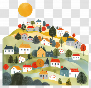 Suburb Landscape - Colorful Village On A Hill Landscape Transparent PNG